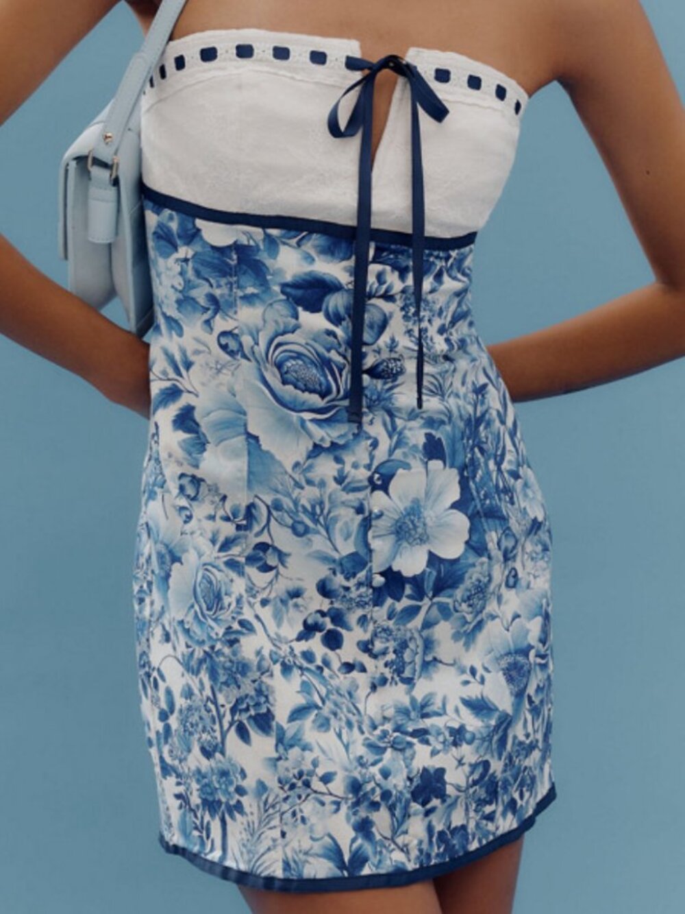 Anthropologie Maeve Blue White Floral Strapless Tie-Front Mini Dress XXS